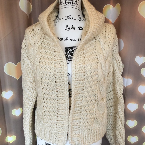 Chunky knit cardigan cream cable knit hoodie sweater womens long sleeve thick - Picture 7 of 15